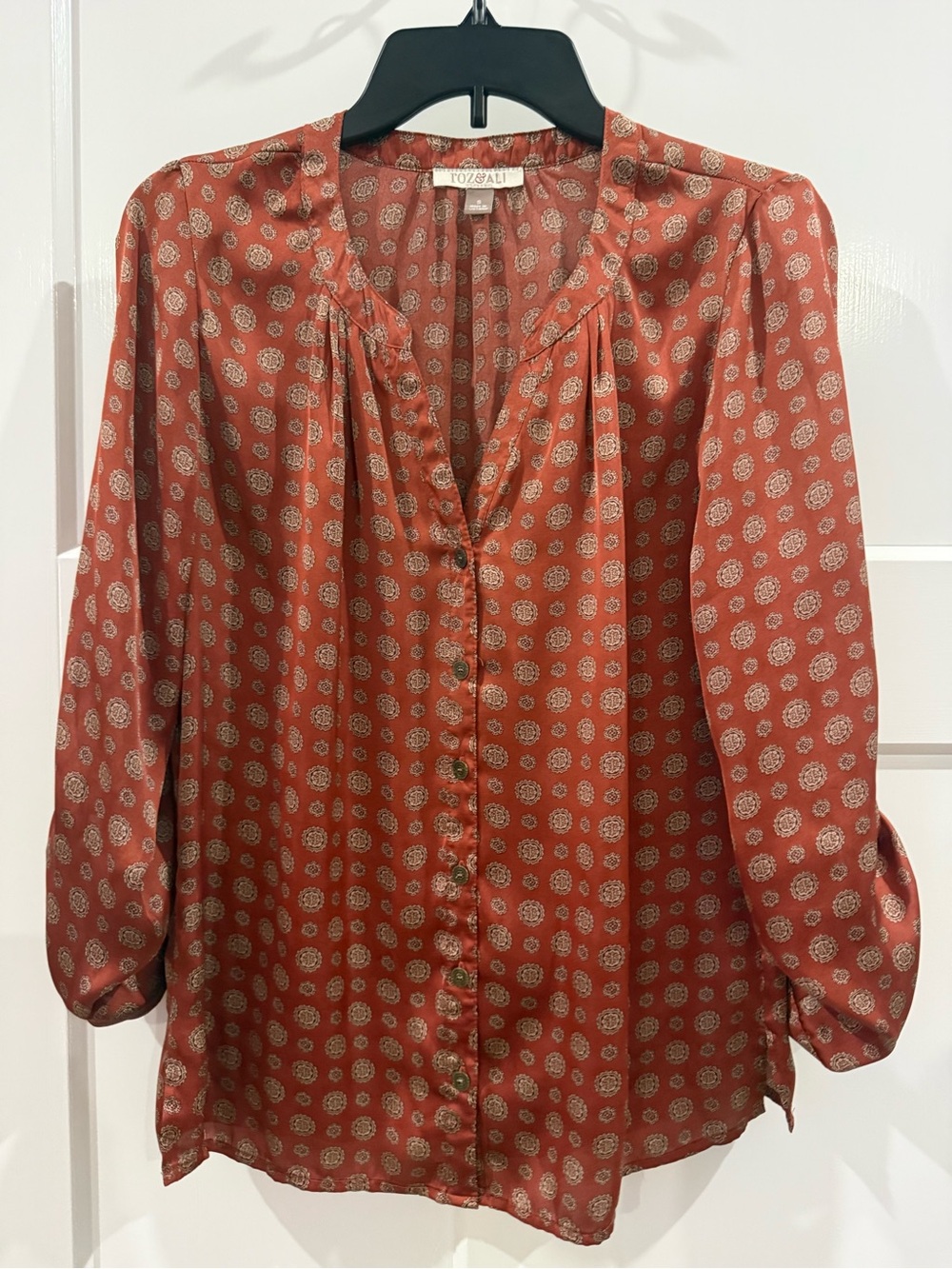 Roz & Ali Rust Medallion Button-Front Blouse